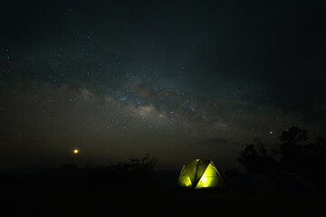 milky way with meteor star and hiking tent in summer time