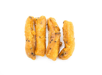 Italian bread stuffed with green olives, isolated on white background