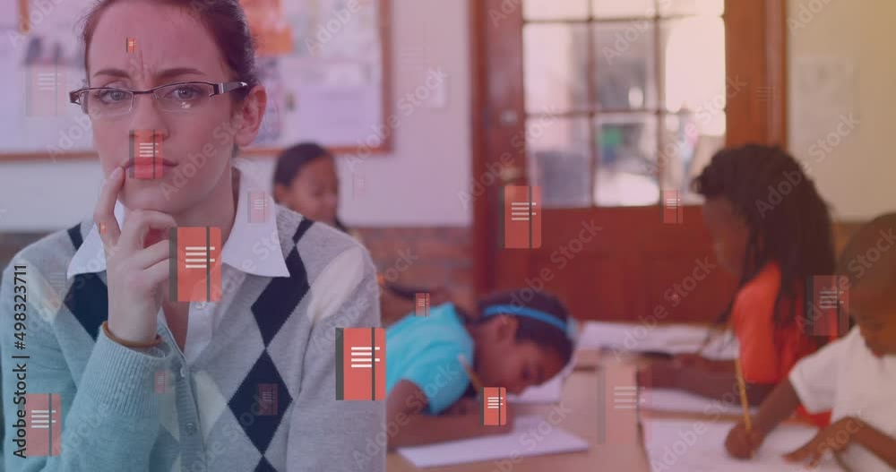 Poster Animation of notebook icons over caucasian female teacher with diverse schoolchildren in classroom