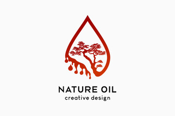 Natural oil logo design with creative concept, tree silhouette combined with drops icon
