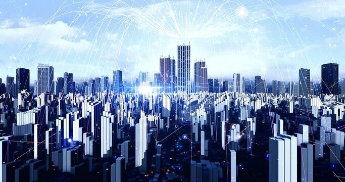 Smart 3D City Connected With High Speed Wireless Network. Technology Related 3D Animation.