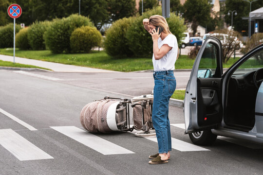 Horrified Driver Makes An Emergency Call After A Car Accident With Baby Pram On The Crosswalk