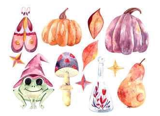 A watercolor set of Halloween elements with bright pumpkins, a frog in a hat, mushrooms, leaves, a potion. A set of elements for postcards, posters, fabrics, design
