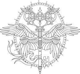Skeleton key with wings. Mystical symbol of freedom. Isolated outline for coloring page
