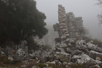 incredible Termessos, old ancient historic city site, old stones, cloudy fogy weather, Turkey ,...
