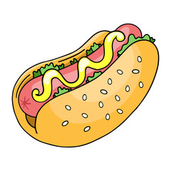 Hot Dog, vector design element in the style of doodles, isolated on a white background, hand drawn