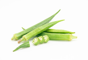 whole and slices okra or Lady Finger over on white background,