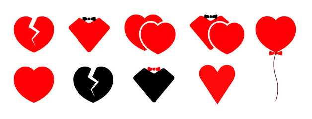 Flat hearts set. Red and black hearts on white background. Vector illustration