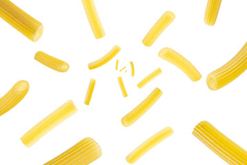 Collection of Italian Pasta sedani rigati falling isolated on white background. Selective focus