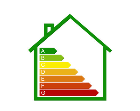 Housing energy efficiency rating certification system. Energy class concept with house and consumption bar. Graphic certification system element on white background. Eco chart