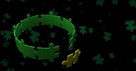 Animation of puzzle over black background with floating green puzzles