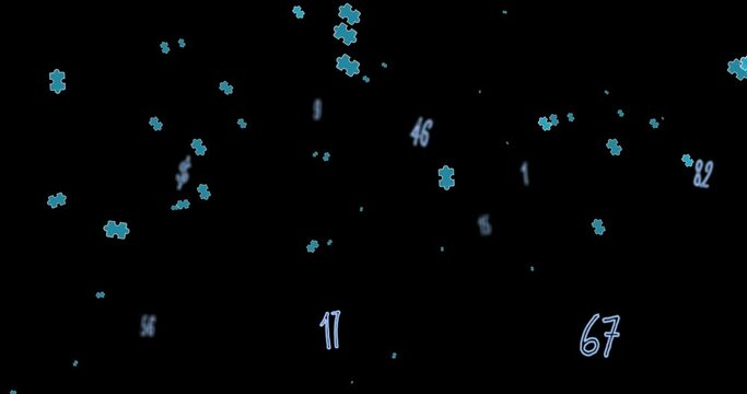 Animation of blue puzzles and numbers floating over black background