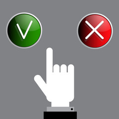 Hand, finger presses round glossy yes or no buttons. The concept of choice, decision making. approval or rejection. Vector illustration