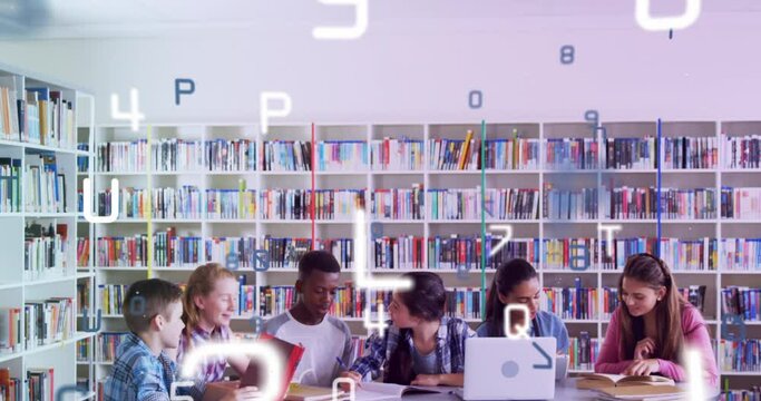 Animation of diverse group of students in school library using laptops