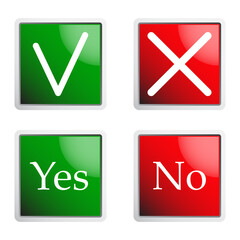 Set of square glossy yes and no buttons for interface. Check marks and crosses for the menu. Vector illustration isolated on white background