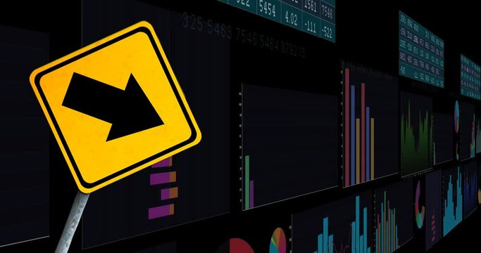 Animation of financial data processing and road sign over black background