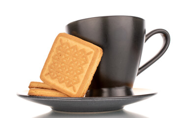 Several delicious sugar cookies on a ceramic saucer with a black cup, macro, isolated on a white background.