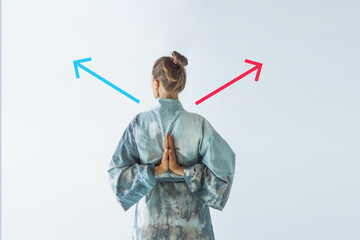 A girl in a kimano and the choice of spiritual destiny. Soul energy, mental health nature therapy,...