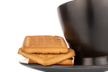 Several delicious sugar cookies on a ceramic saucer with a black cup, macro, isolated on a white background.