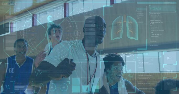 Animation of medical data processing over diverse couch and basketball players