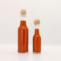 two red mexican sauce bottles with wooden lids, big bottle, small bottle, white background