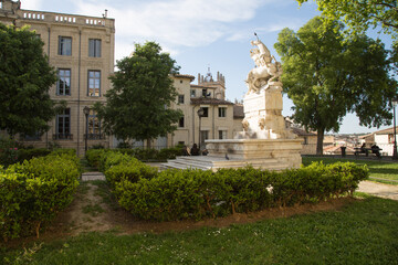 Montpellier, France: Place de la Canourgue - a charming and quiet square in the centre of the historic district with a small garden and a beautiful statue in the form of a horse.