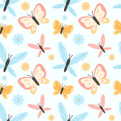 Vector seamless pattern with butterflies and flowers.