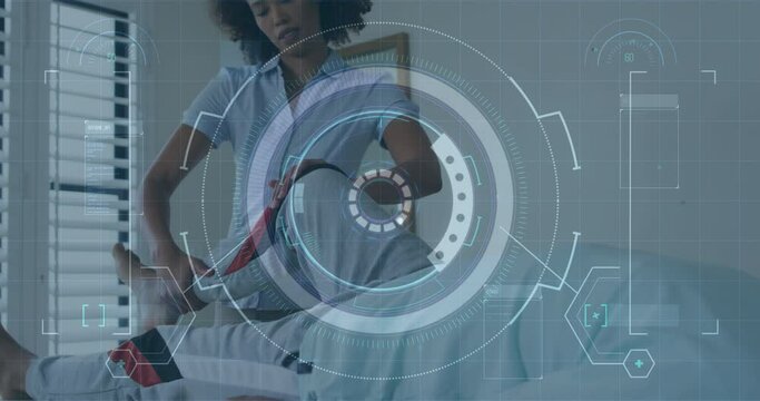 Animation of scope scanning and data processing over african american nurse exercising with patient