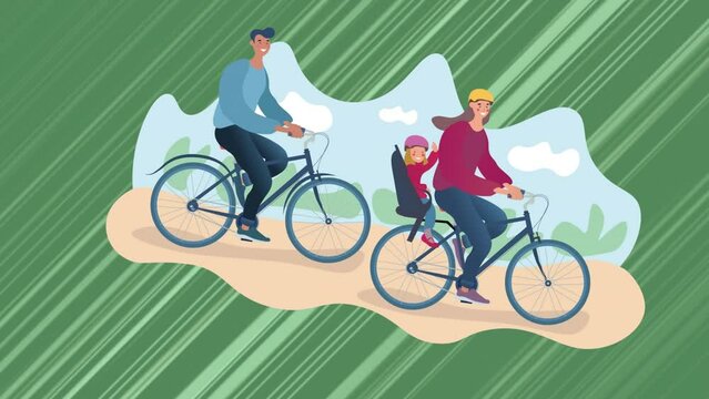 Animation of happy family cycling over lines on green background