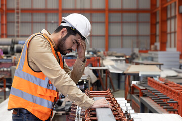 Sick Engineer Worker Touch His Forehead with Dizziness Symtom