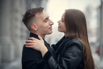 happy lovers on city street