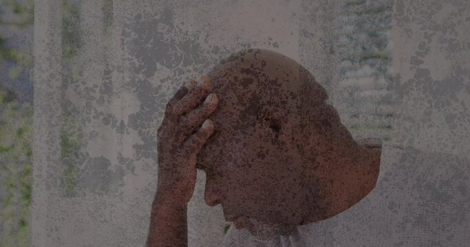 Animation of moving background over african american man touching forehead - Powered by Adobe