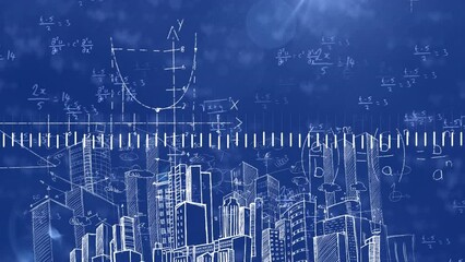 Animation of financial data processing and mathematical equations over cityscape - Powered by Adobe