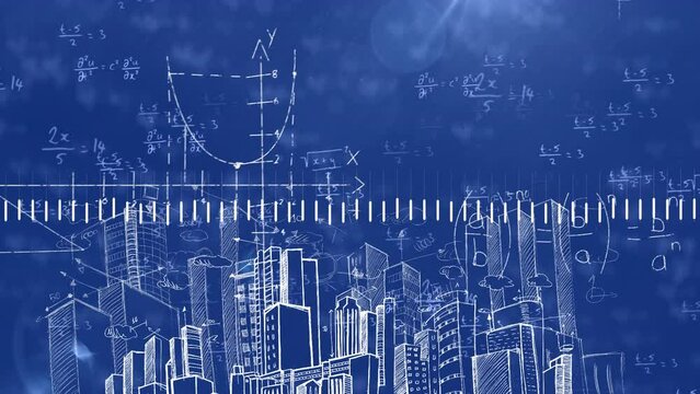 Animation of financial data processing and mathematical equations over cityscape - Powered by Adobe