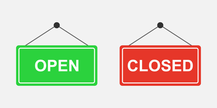 Open sign and Closed sign in flat design style isolated on background. Open door and closed door sign. EPS 10 vector illustration.