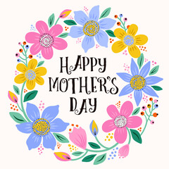 Happy Mother's Day text on a floral background. Happy Mother's Day design for greeting cards and surface design. Vector template with cute flowers.  - 498336153