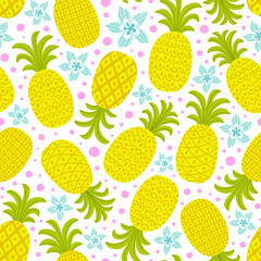 Vector background with pineapples and frangipani flowers. Tropical seamless pattern.