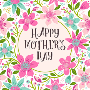 Modern lettering for Happy Mother's Day. Vector illustration with typography inscription in floral frame. Happy Mother's Day inscription, Decorative template for Mother's Day.