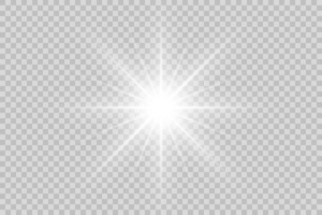 Vector png glowing light effect. Shine, glare, flare, flash illustration. White star on transparent