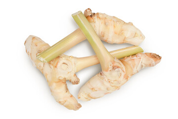 Fresh galangal root isolated on white background with clipping path and full depth of field. Top view. Flat lay