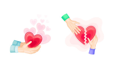 Human hands with red heart set cartoon vector illustration on white background