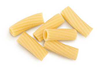 raw italian tortiglioni pasta isolated on white background with clipping path and full depth of field. Top view. Flat lay