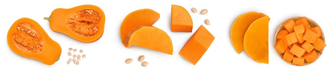Fresh orange pumpkin isolated on white background with clipping path and full depth of field. Set...