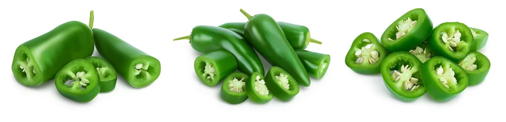 Poster Im Rahmen jalapeno peppers isolated on white background. Green chili pepper with clipping path and full depth of field. Set or collection © kolesnikovserg