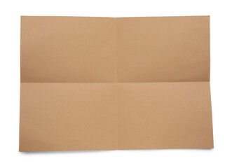 Sheet of brown paper on white background, top view