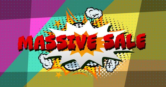 Animation of massive sale text on colourful background