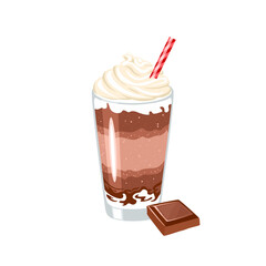 Chocolate milkshake in glass cup. Vector flat illustration. Sweet dessert with whipped cream and straw.