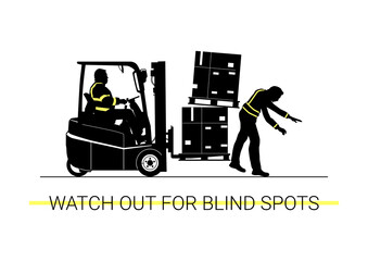 Blind spot hazard. Silhouette of forklift hitting a man. Vector. © norsob