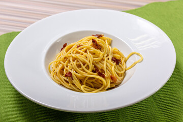 Italian delicious spaghetti carbonara pasta with bacon parmesan lies in a plate