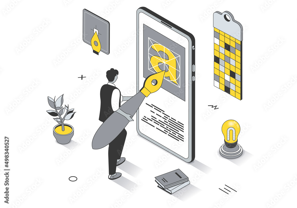 Aufkleber Design studio concept in 3d isometric outline design. Designer with huge brush draws graphic elements for interface of mobile application, line web template. Illustration with people scene